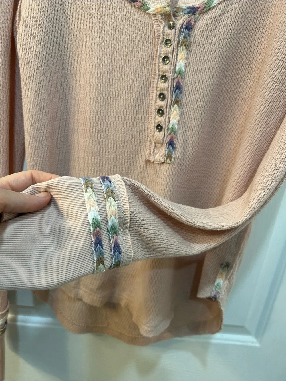 Free People Pink Thermal Henley Size S‎ Rainbow Embroidered Trim Boho Festival